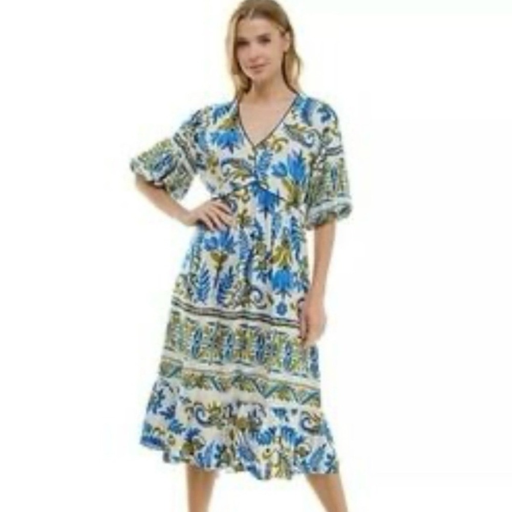 Fig + Flower Womens 2X Blue Green Floral Print V Neck Linen Blend Maxi Dress - Picture 9 of 16